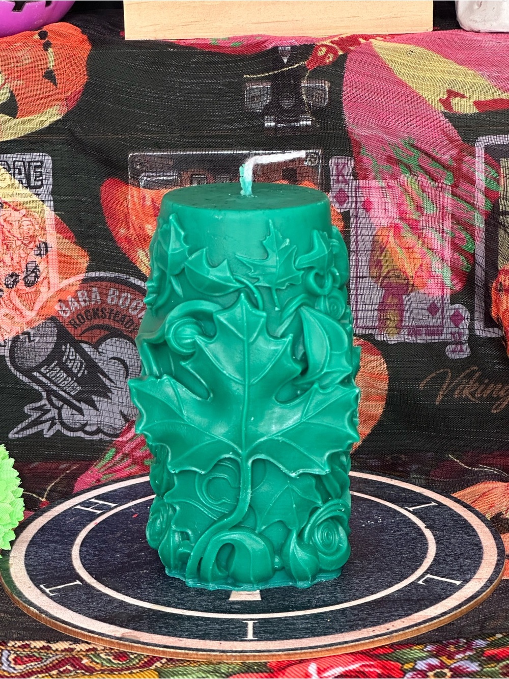 Handmade Green Leaf Pillar Candle – Botanical Fall Candle